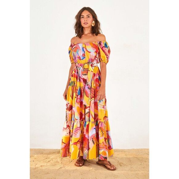 FARM Rio Neon Macaws Puff Sleeve Belted Cotton Maxi Dress - Picture 3 of 12